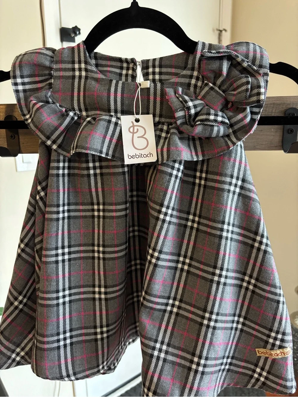 Kid Bebitach Plaid Ruffle Collar Dress - Gray with Pink Accents